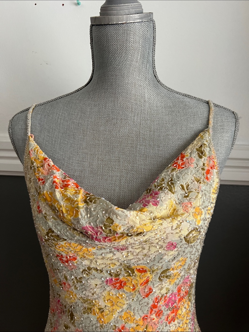 Vintage Sténay Floral Cowl-Neck Beaded Maxi Slip Dress - Picture 3 of 16